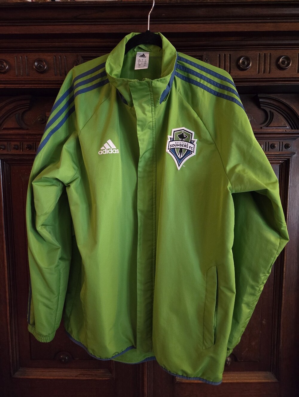 Adidas Lime Green Seattle Sounders FC Windbreaker Jacket with Navy Crest L